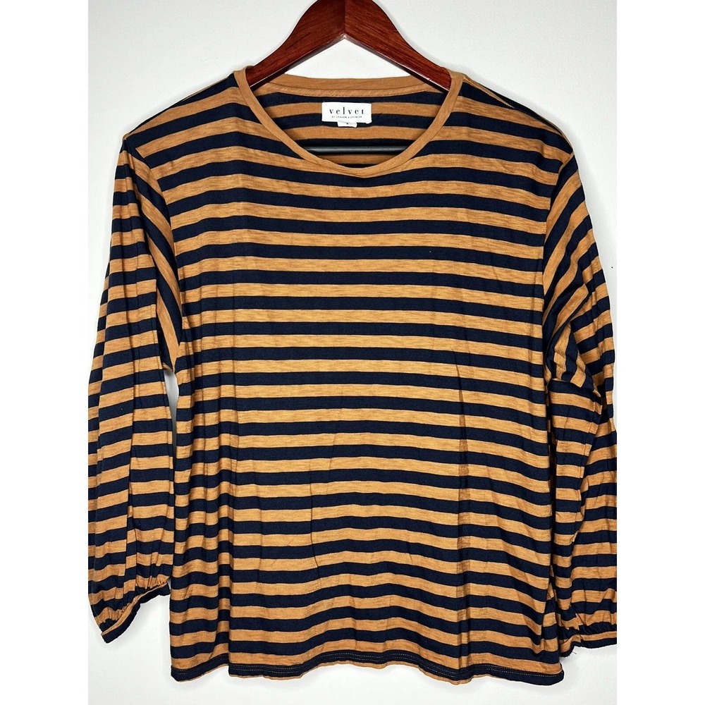 Velvet Graham Spencer Top Women Small Brown Navy Striped Long Sleeve Tee Casual